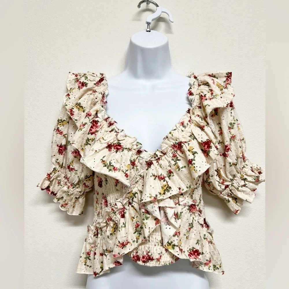 Free People Womens Striped Floral Eyelet Jersey Ruffle Favorite Girl Top Size XS